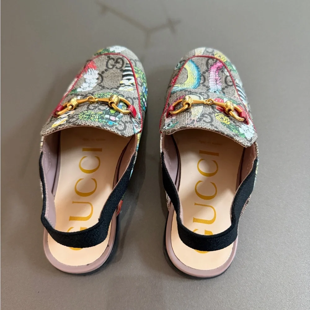 Gucci Kids Beige GG Supreme Floral Print Horsebit Moccasins with Red Trim